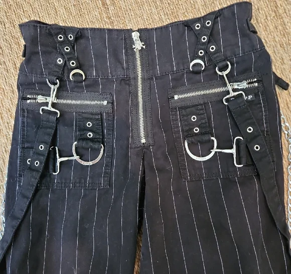 Tripp NYC Black Pinstripe Bondage Pants with Silver Hardware Size 28 - Picture 2 of 7